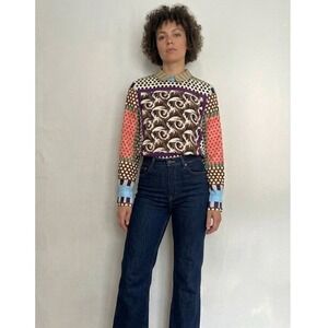 Marni Silk Mixed Print Blouse Polka Dot Stripe Patchwork Peter Pan Collar 40